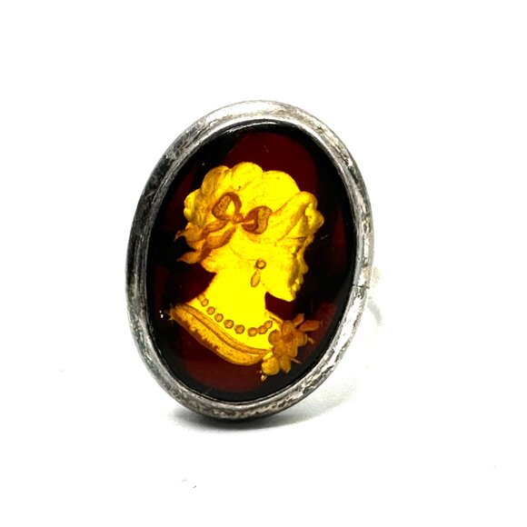 1940-60s Sterling Silver Carved Amber Intaglio Cameo Ring—MCM Statement Piece - Picture 3 of 12
